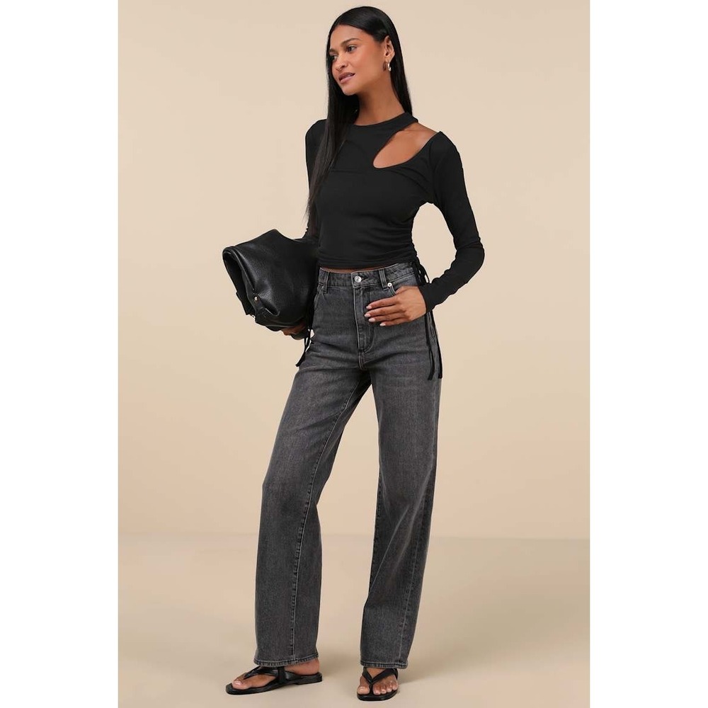 Lulus Black Ribbed Long Sleeve Cutout Top Cinched Drawstring crop top Small NWT